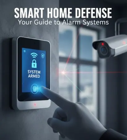 Modern touchscreen alarm keypad being armed by user in an Auckland home, featuring biometric fingerprint scanning and smart home integration.